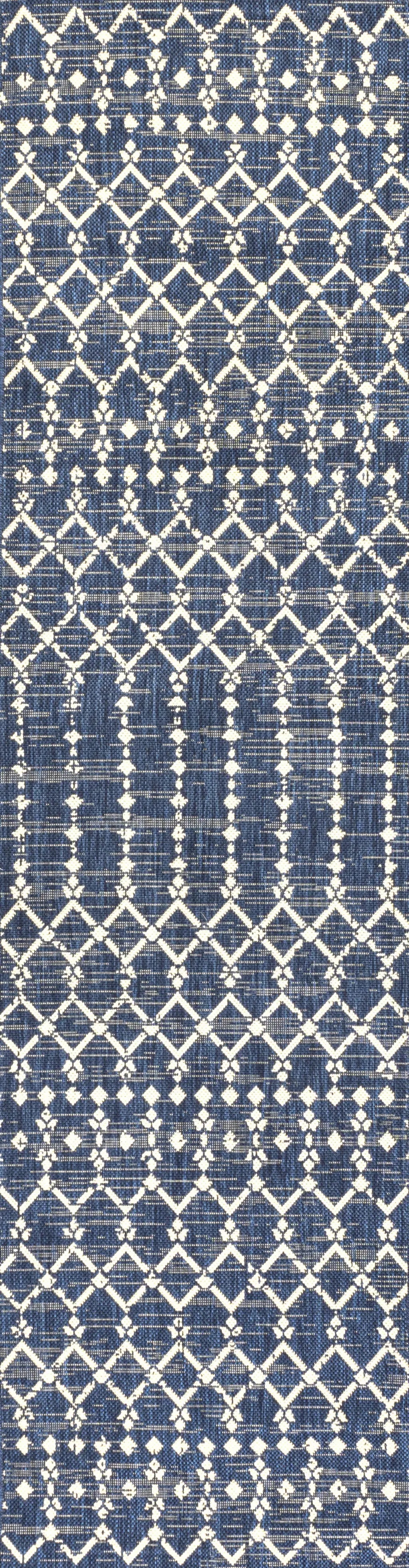 10' Navy Blue And Beige Trellis Indoor Outdoor Runner Rug Homeroots Outdoor