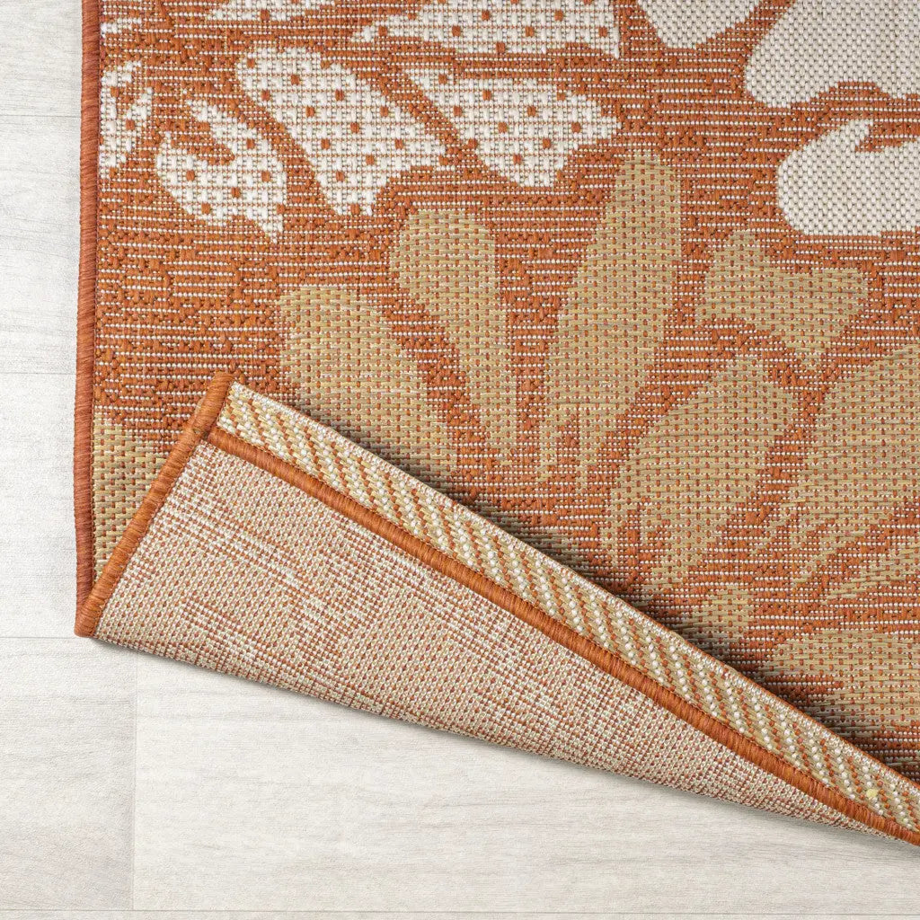 10' Orange And Cream Floral Indoor Outdoor Runner Rug Homeroots Outdoor