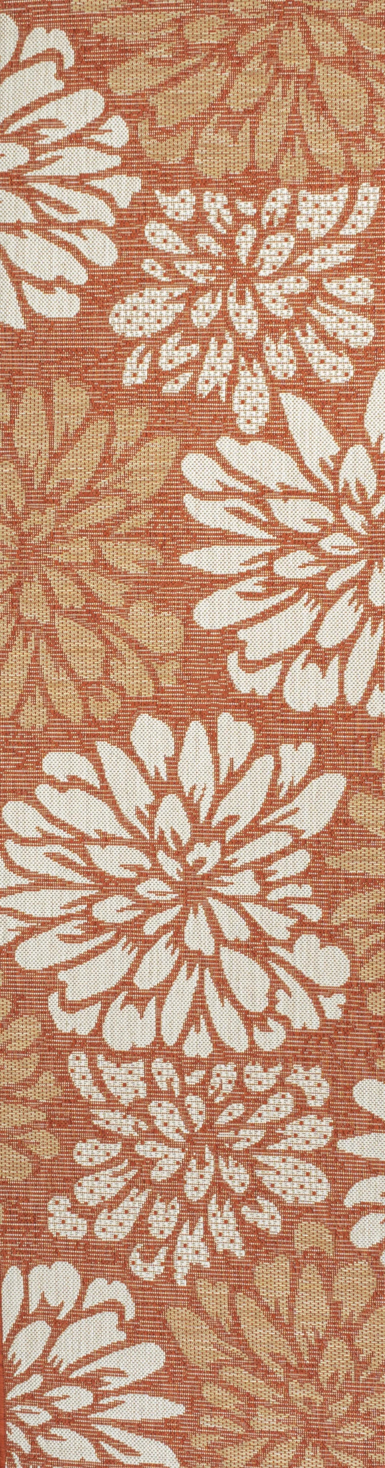 10' Orange And Cream Floral Indoor Outdoor Runner Rug Homeroots Outdoor