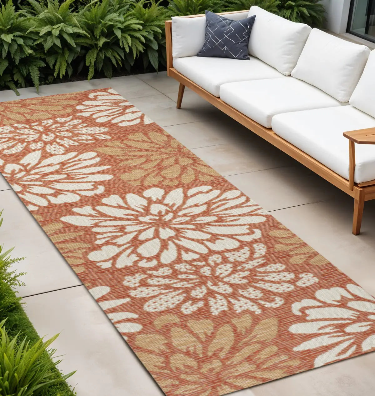 10' Orange And Cream Floral Indoor Outdoor Runner Rug Homeroots Outdoor