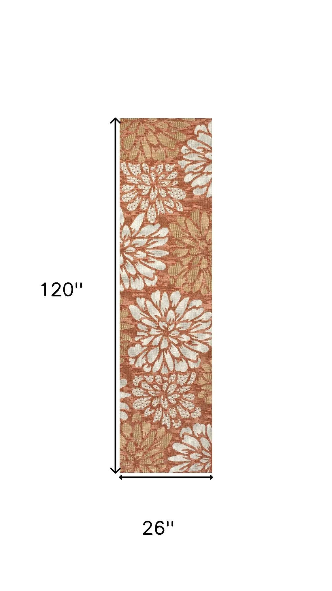 10' Orange And Cream Floral Indoor Outdoor Runner Rug Homeroots Outdoor