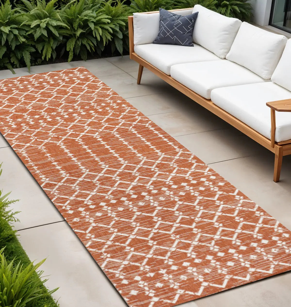 10' Orange And Cream Trellis Indoor Outdoor Runner Rug Homeroots Outdoor
