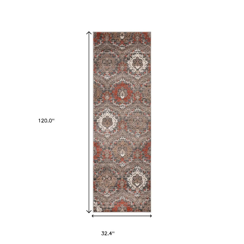 10' Rust Brown And Gray Floral Runner Rug Homeroots Home Decor