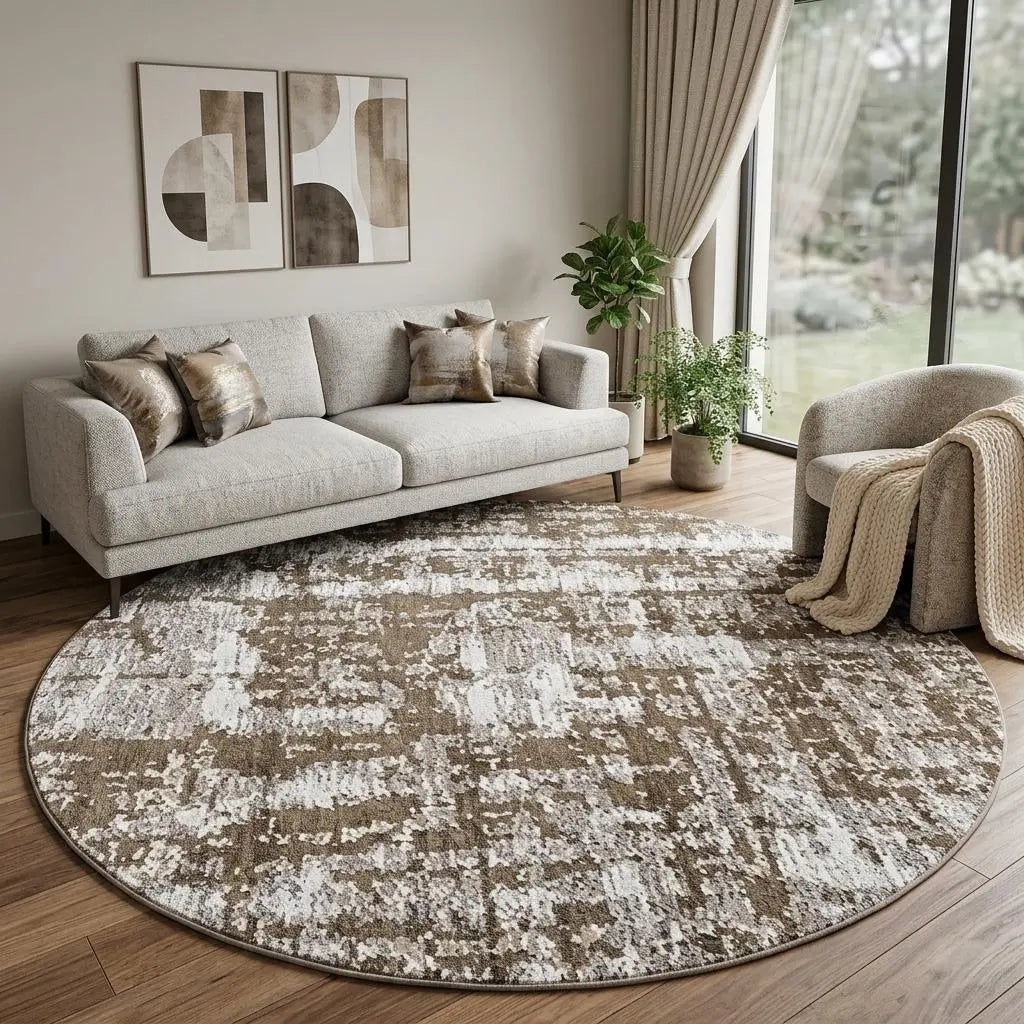 10' Tan And White Abstract Washable Round Rug With UV Protection Homeroots Home Decor