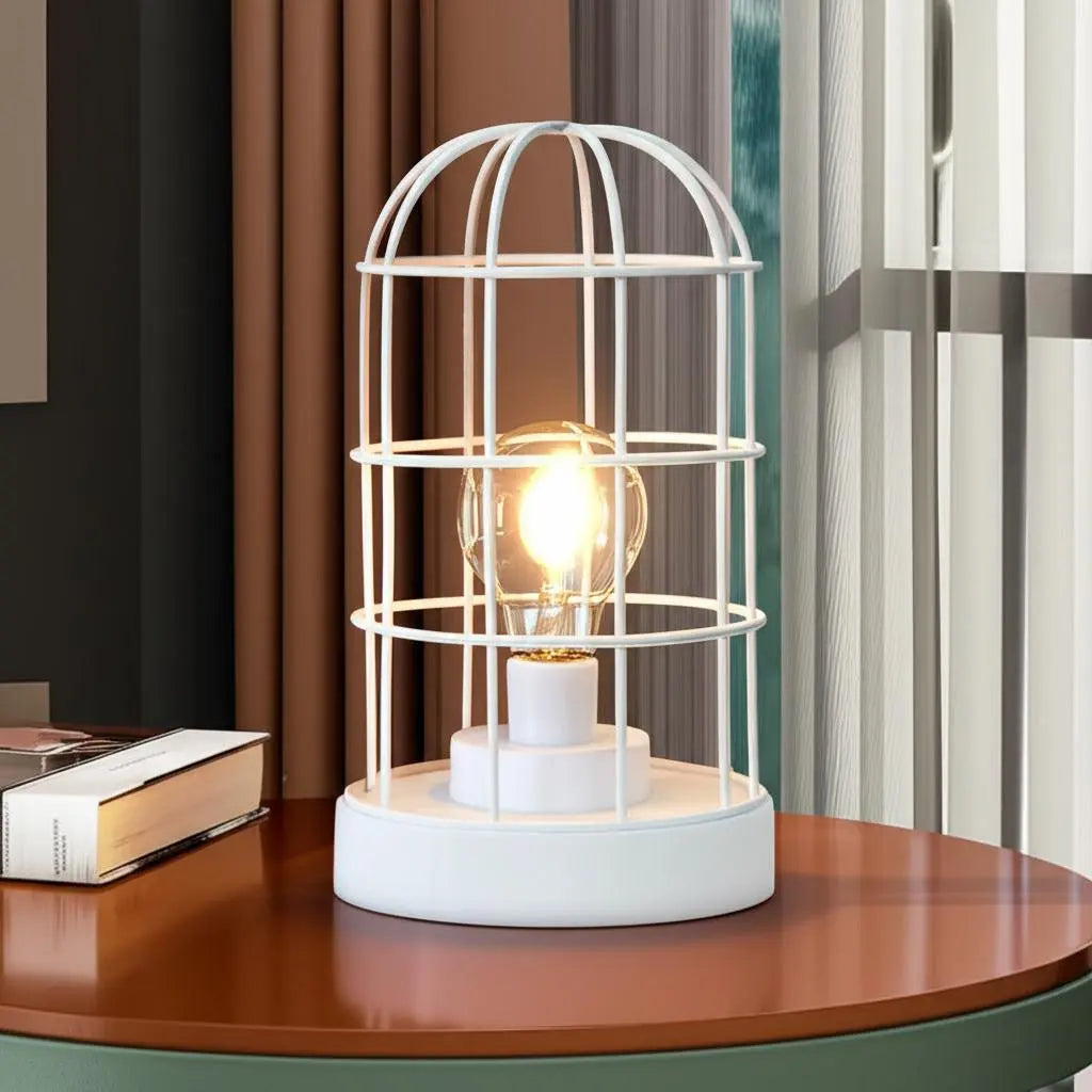 10" White Battery Operated Lamp With Cage Cylinder Shade - GreatEagleInc