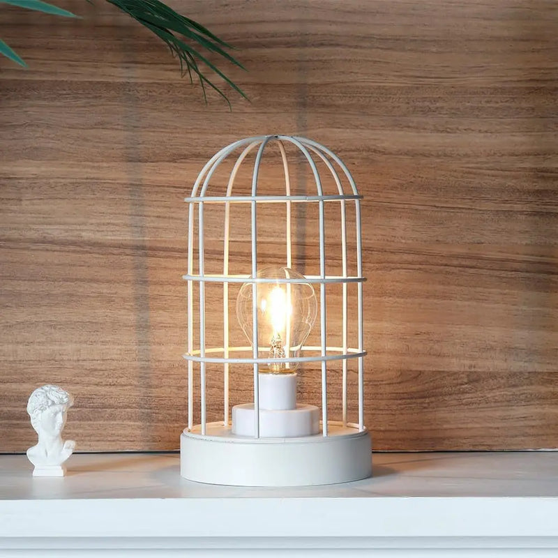 10" White Battery Operated Lamp With Cage Cylinder Shade - GreatEagleInc