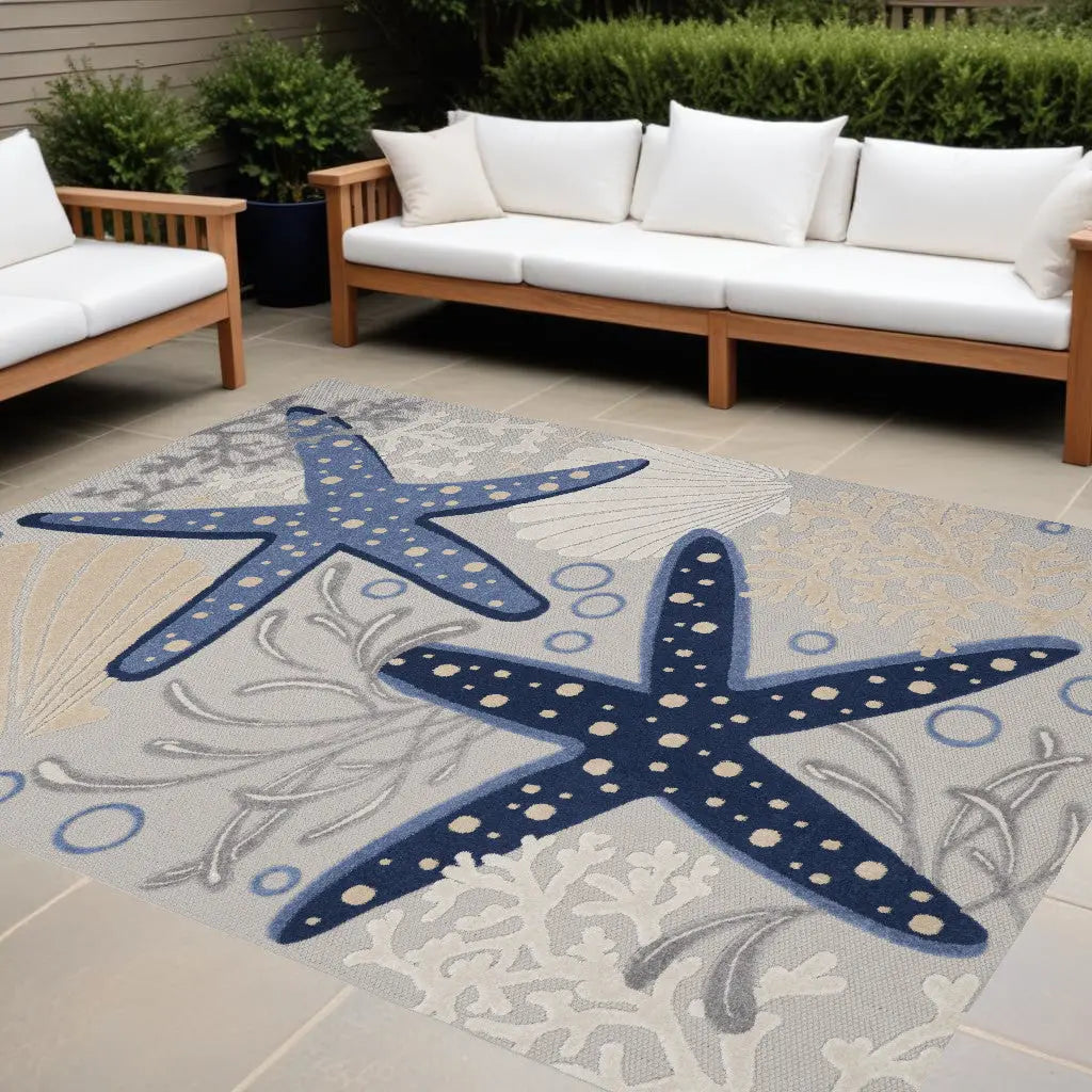 10' X 13' Blue And Gray Starfish Indoor Outdoor Area Rug - GreatEagleInc