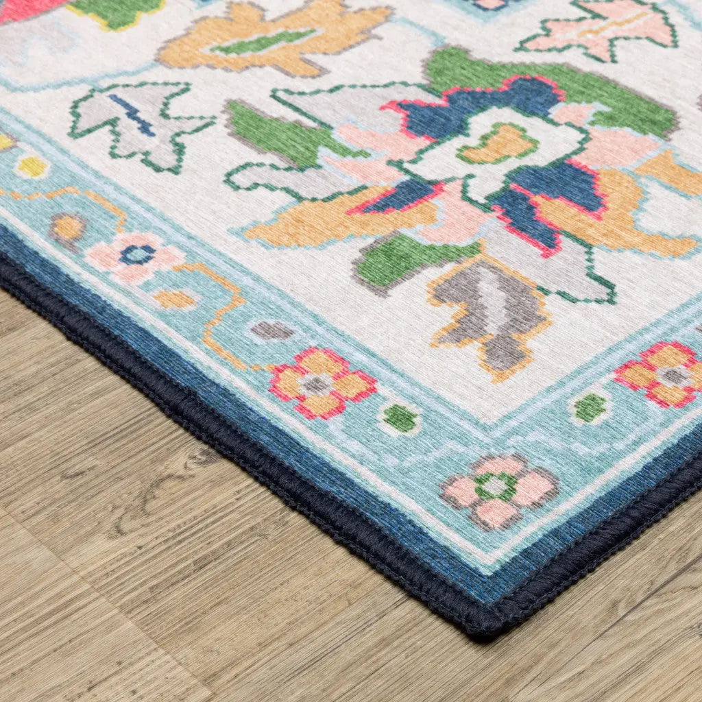 10' X 13' Blue And Pink Oriental Washable Area Rug Homeroots Home Decor