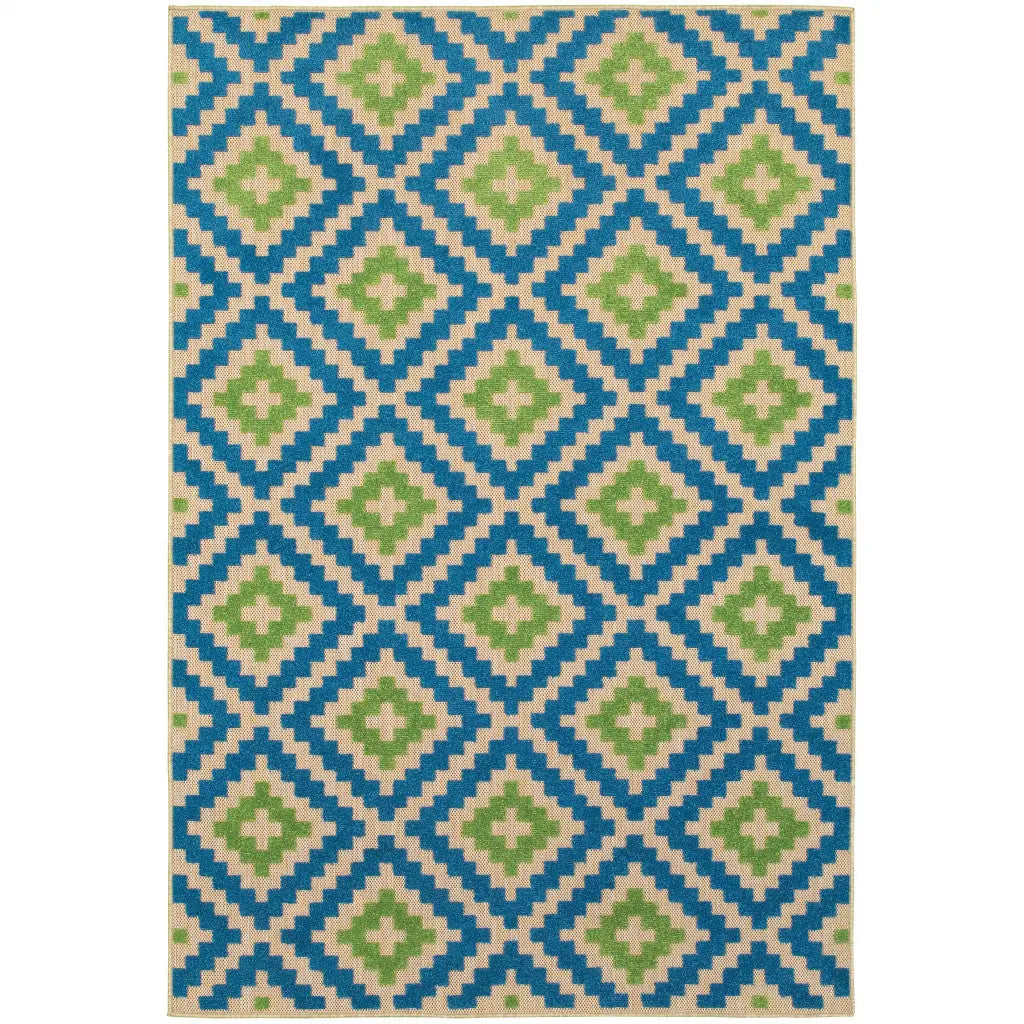 Colorful geometric area rug featuring teal, green, and peach patterns on a cream background. Perfect for modern decor.