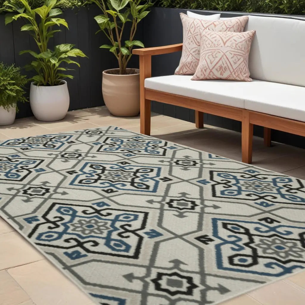 10' X 13' Blue and Beige Oriental Stain Resistant Indoor Outdoor Area Rug Homeroots Outdoor