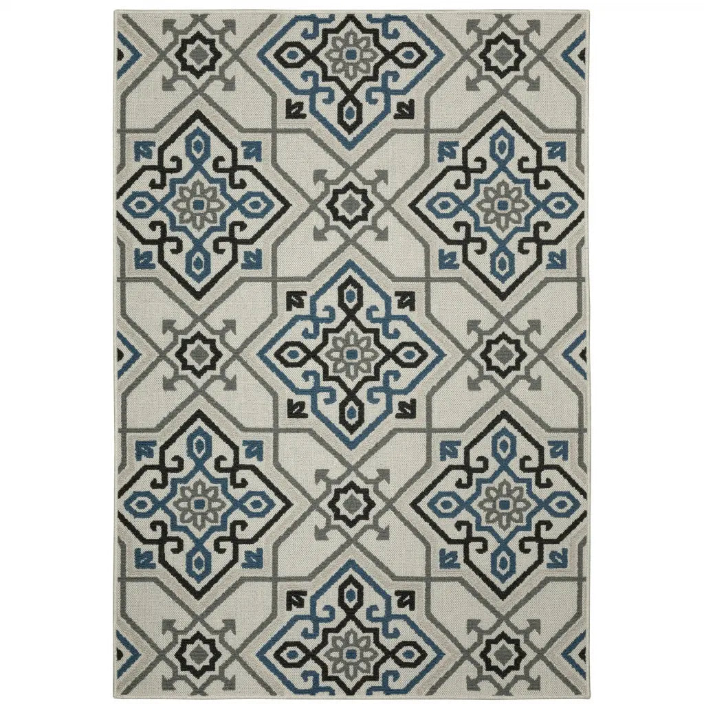 10' X 13' Blue and Beige Oriental Stain Resistant Indoor Outdoor Area Rug Homeroots Outdoor
