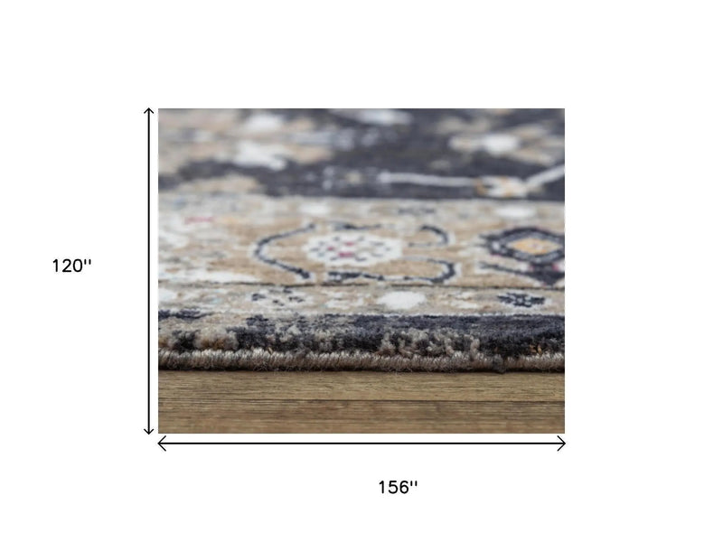 Vintage-inspired navy and beige area rug, 156" x 120", plush texture, intricate floral patterns, soft synthetic fibers.