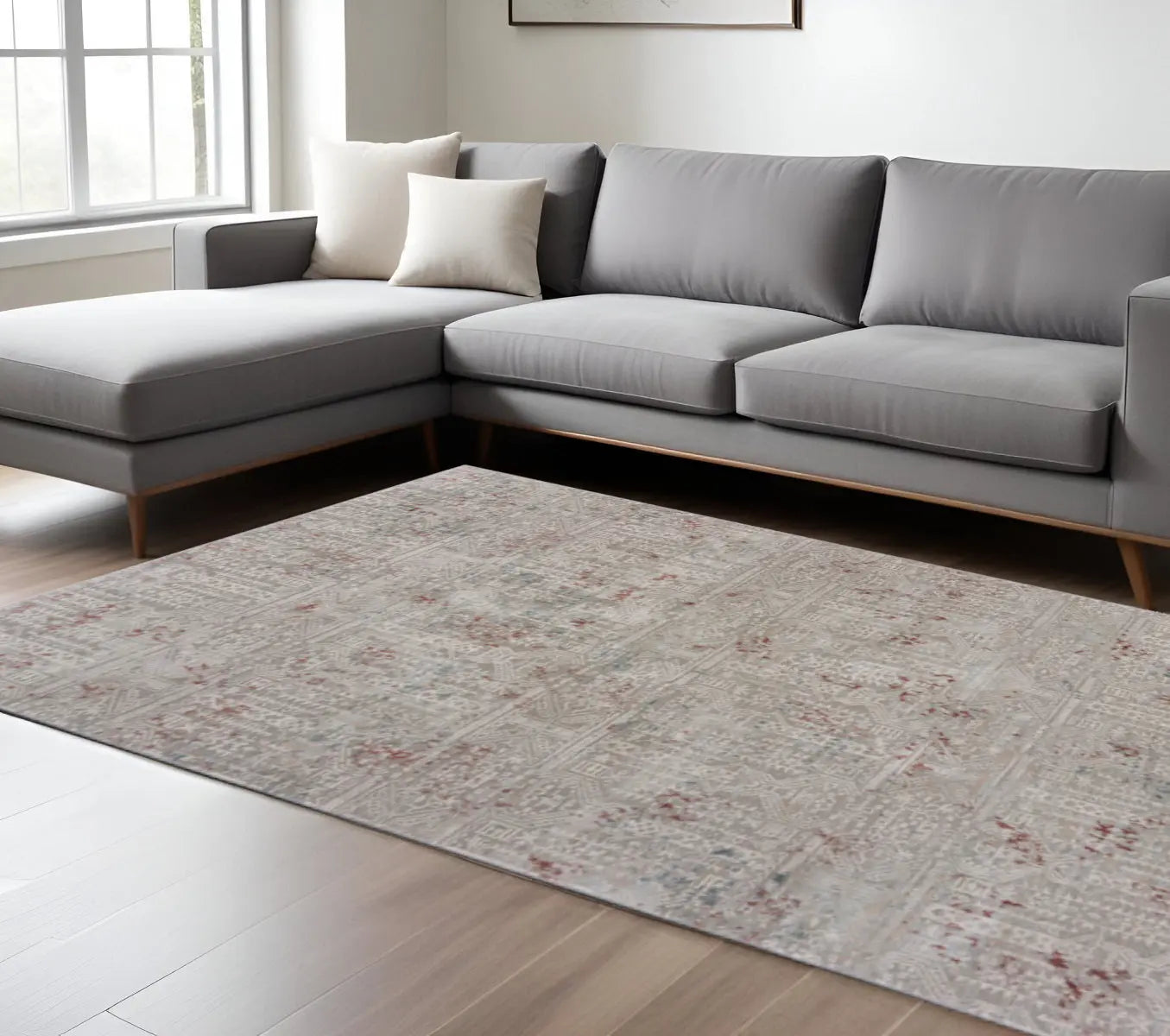 10' X 13' Gray Ivory Slate Blue And Wine Red Geometric Stain Resistant Area Rug Homeroots Home Decor