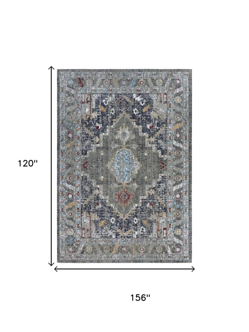 10' X 13' Gray Red Blue Orange And Ivory Medallion Hand Carved Handmade Area Rug Homeroots Home Decor