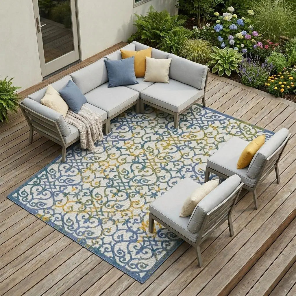 10' X 13' Ivory And Blue Indoor Outdoor Area Rug Homeroots Outdoor