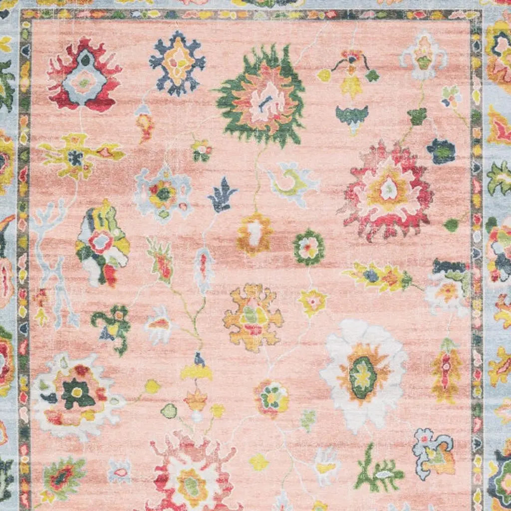 10' X 13' Pink And Blue Oriental Washable Area Rug Homeroots Home Decor