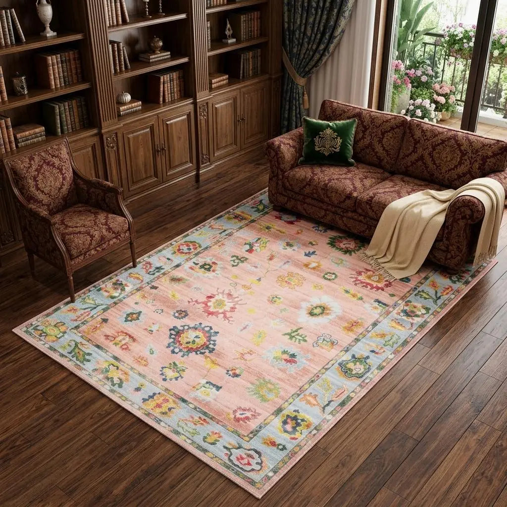 10' X 13' Pink And Blue Oriental Washable Area Rug Homeroots Home Decor