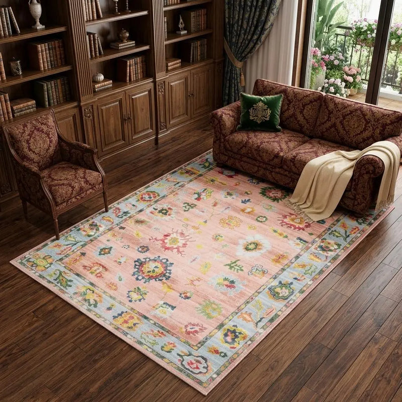 10' X 13' Pink And Blue Oriental Washable Area Rug Homeroots Home Decor