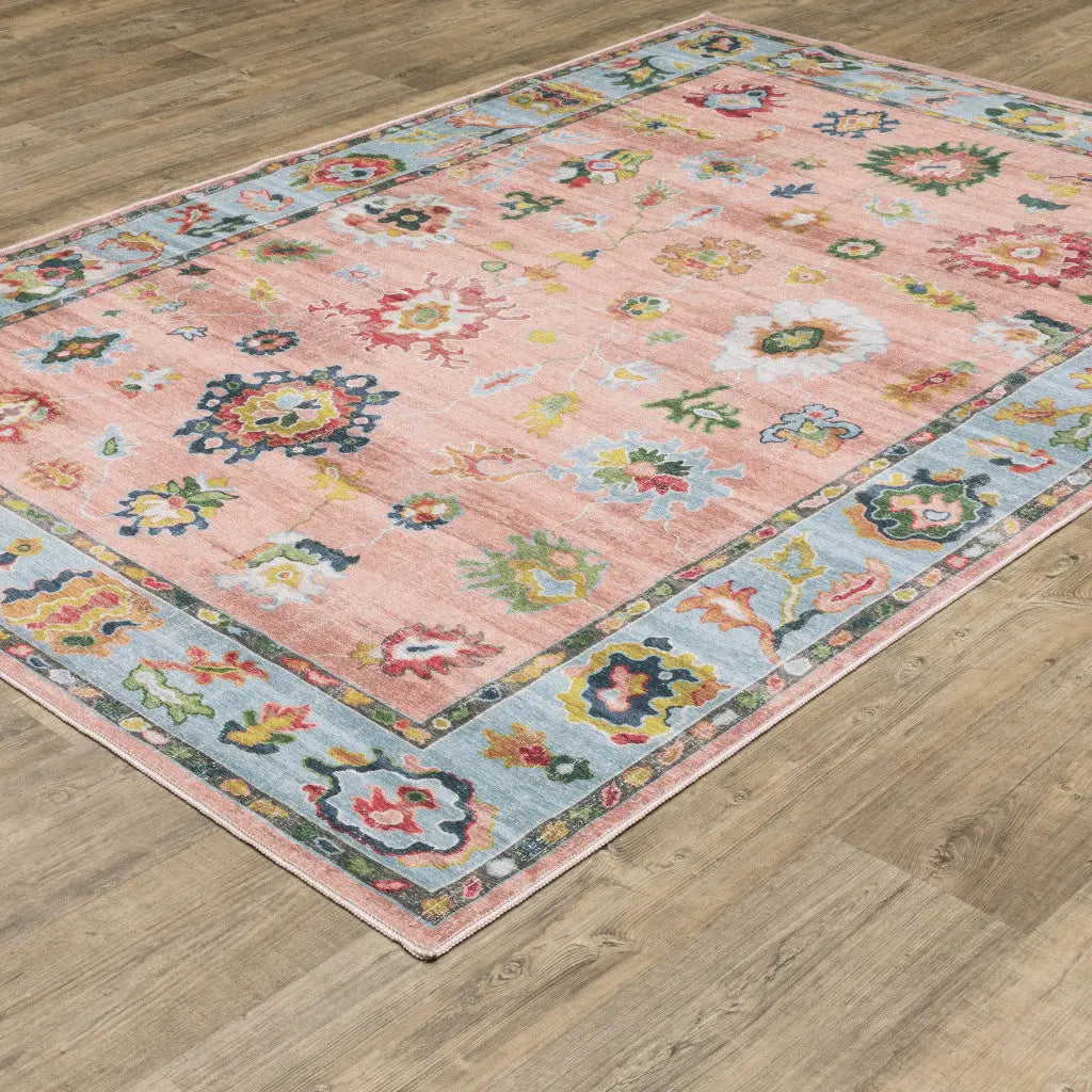10' X 13' Pink And Blue Oriental Washable Area Rug Homeroots Home Decor