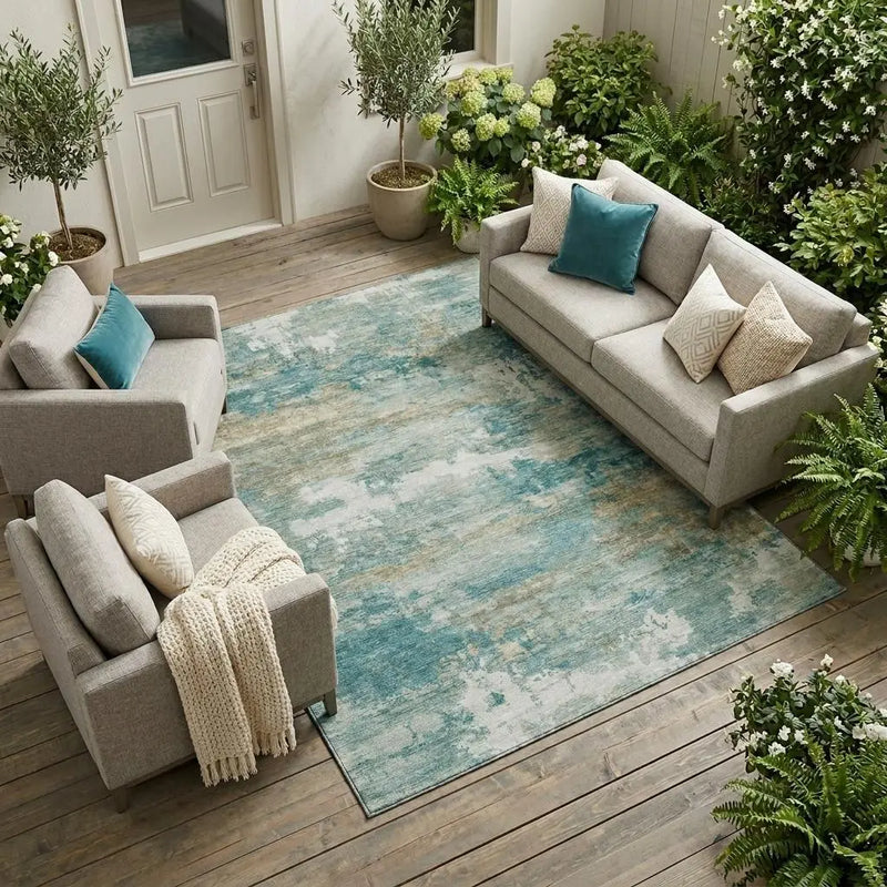 10' X 14' Aqua And Teal Blue Abstract Washable Indoor Outdoor Area Rug Homeroots Outdoor