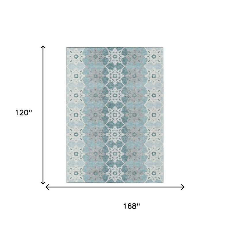 10' X 14' Aqua And Teal Blue Floral Medallion Washable Indoor Outdoor Area Rug Homeroots Outdoor