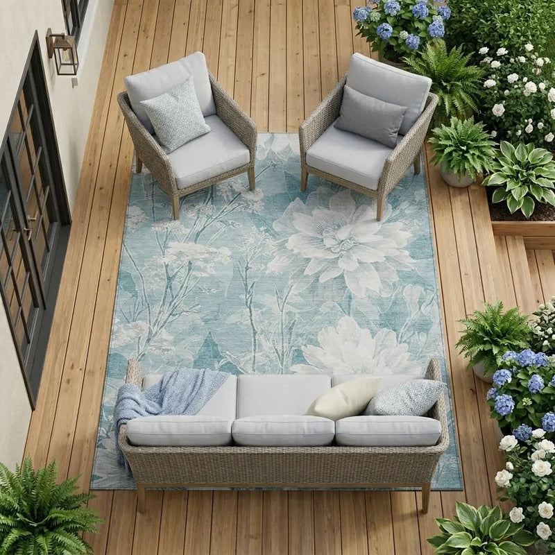 10' X 14' Aqua And Teal Blue Floral Washable Indoor Outdoor Area Rug Homeroots Outdoor