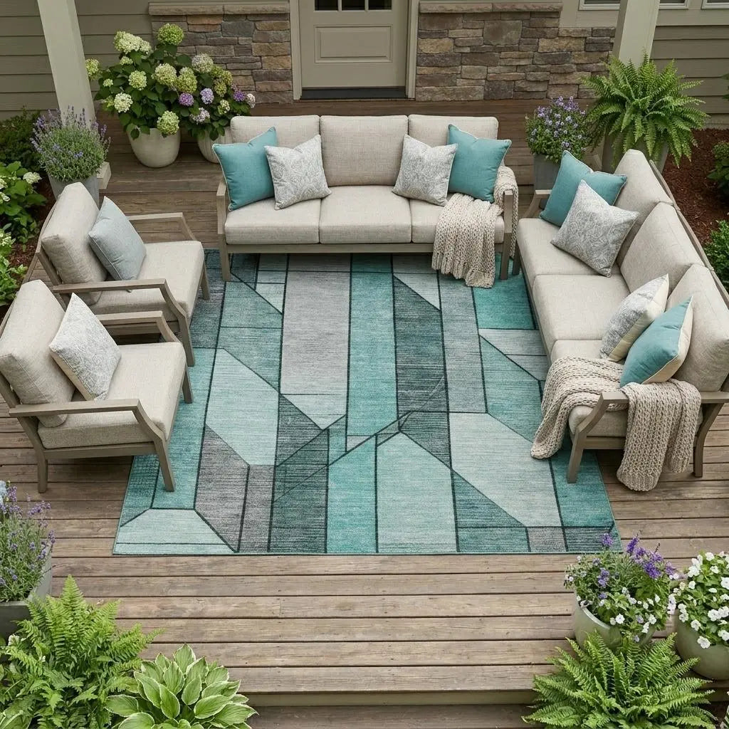 10' X 14' Aqua And Teal Blue Geometric Washable Indoor Outdoor Area Rug Homeroots Outdoor