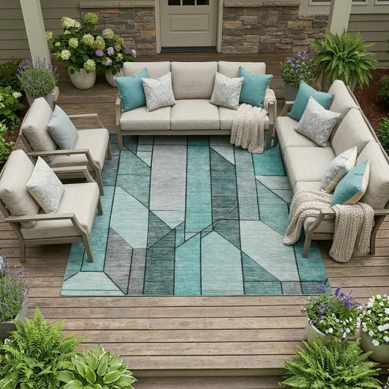 10' X 14' Aqua And Teal Blue Geometric Washable Indoor Outdoor Area Rug Homeroots Outdoor