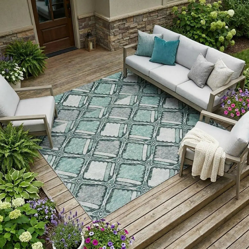 10' X 14' Aqua And Teal Blue Geometric Washable Indoor Outdoor Area Rug Homeroots Outdoor