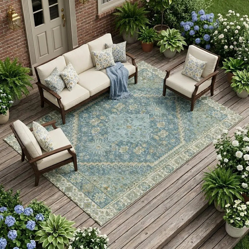 10' X 14' Aqua And Teal Blue Oriental Washable Indoor Outdoor Area Rug Homeroots Outdoor