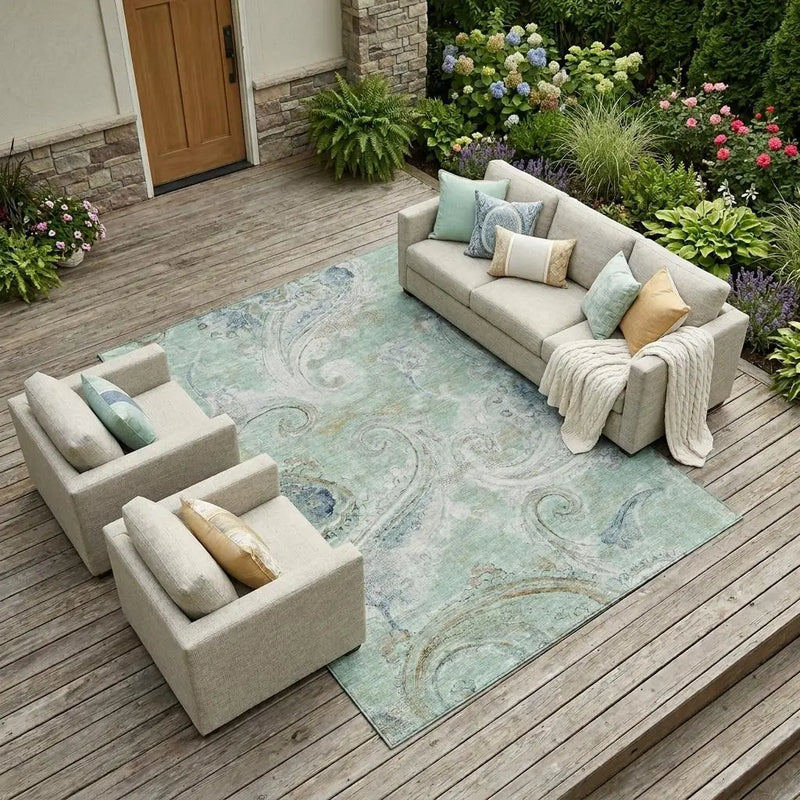 10' X 14' Aqua And Teal Blue Paisley Washable Indoor Outdoor Area Rug Homeroots Outdoor