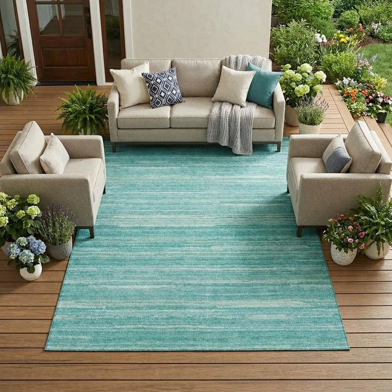 10' X 14' Aqua And Teal Blue Striped Washable Indoor Outdoor Area Rug Homeroots Outdoor