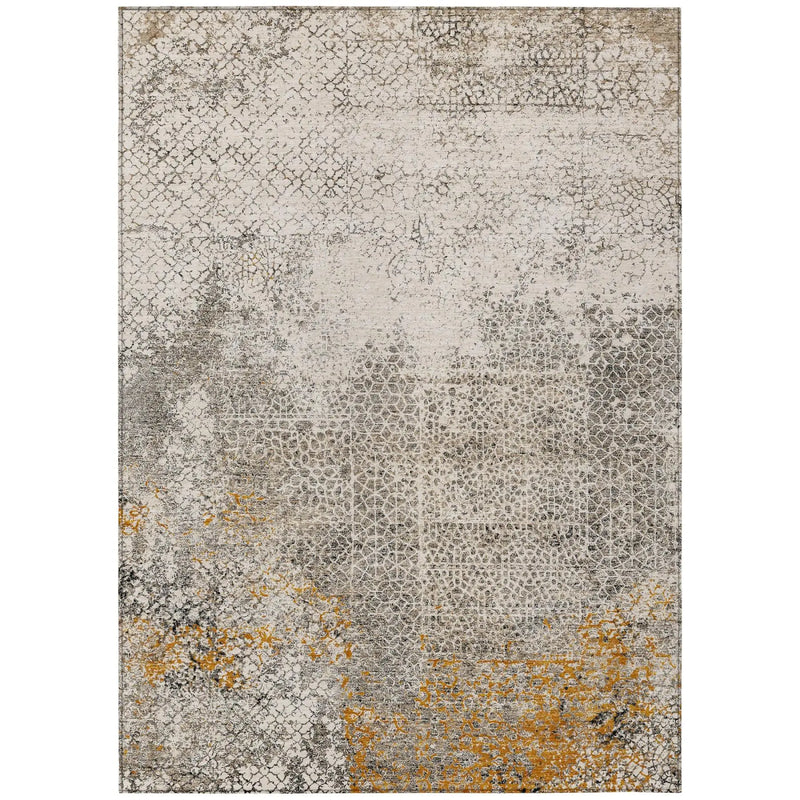 Modern abstract rug in white, gray, and gold, featuring intricate geometric patterns and a soft, plush texture.