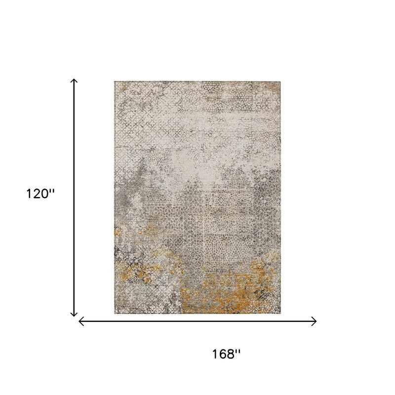 Gray and gold abstract area rug, 120"x168", featuring a distressed pattern for a modern decor style.