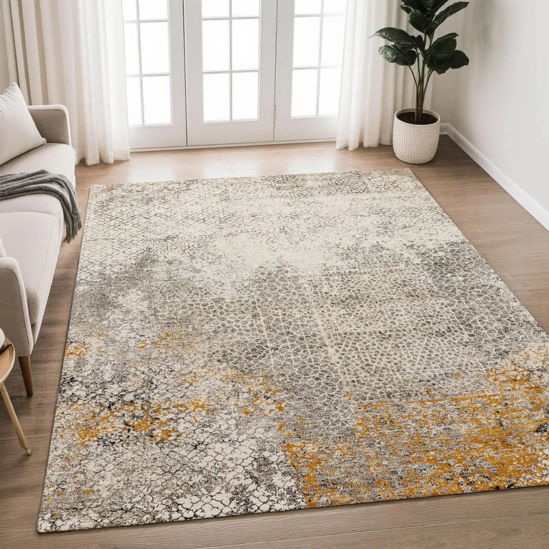 Gray and yellow abstract area rug, soft synthetic material, modern style, perfect for living room decor.