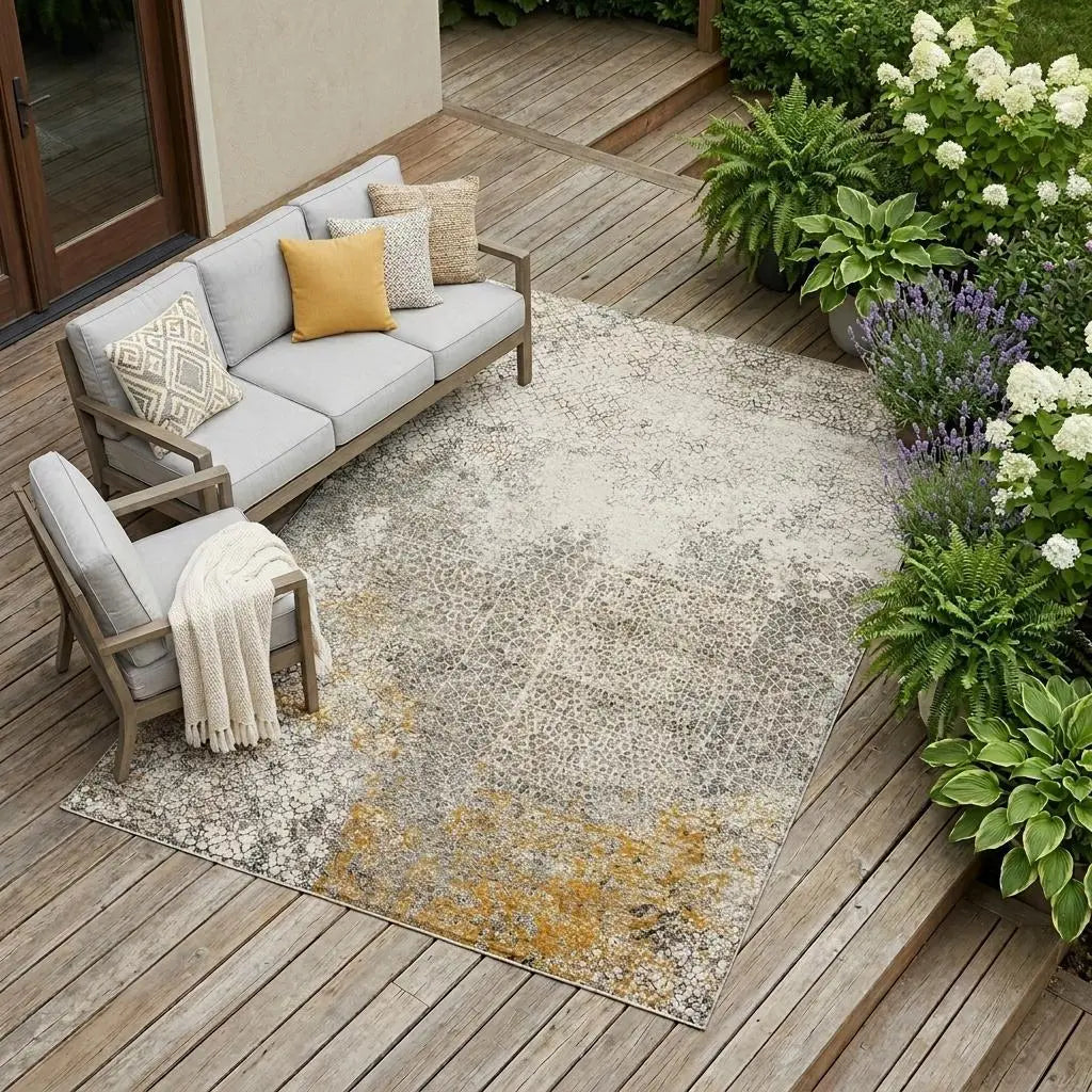 Light gray area rug with abstract pattern, featuring hints of gold, paired with outdoor gray sofa and cozy accent pillows.