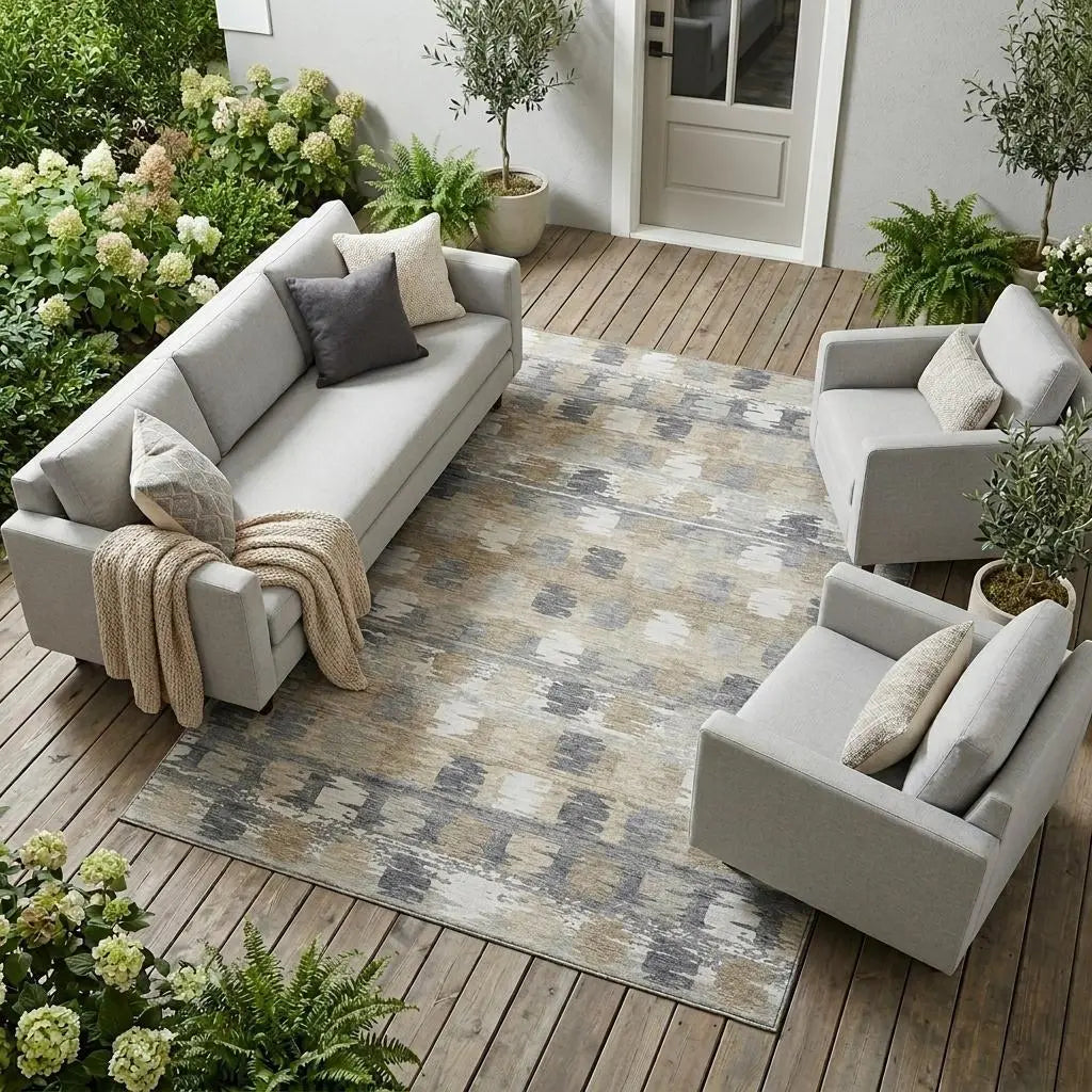 10' X 14' Beige And Brown Abstract Washable Indoor Outdoor Area Rug Homeroots Outdoor