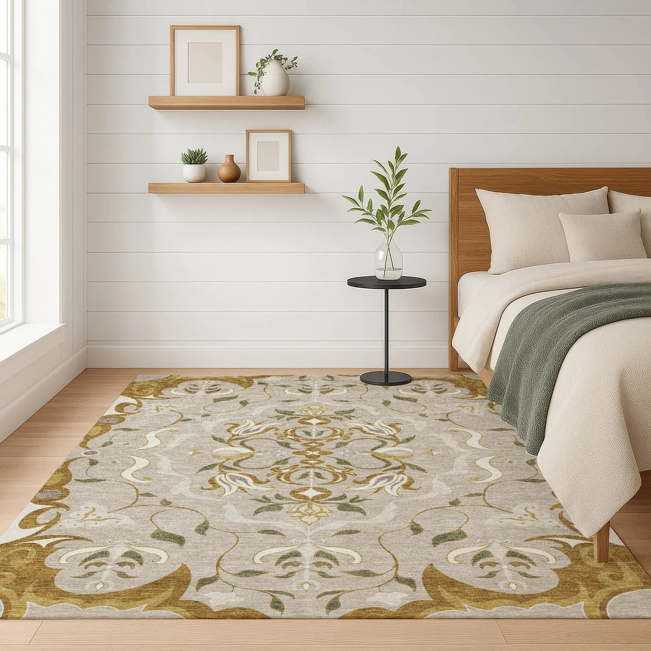 10' X 14' Beige And Brown Damask Washable Indoor Outdoor Area Rug Homeroots Outdoor
