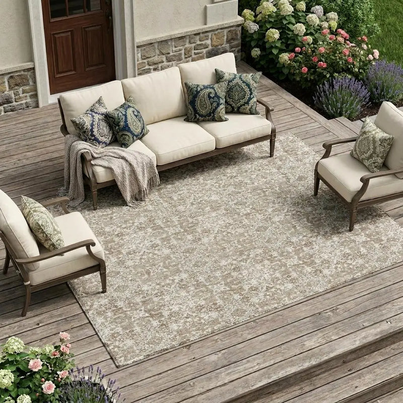 10' X 14' Beige And Brown Damask Washable Indoor Outdoor Area Rug Homeroots Outdoor