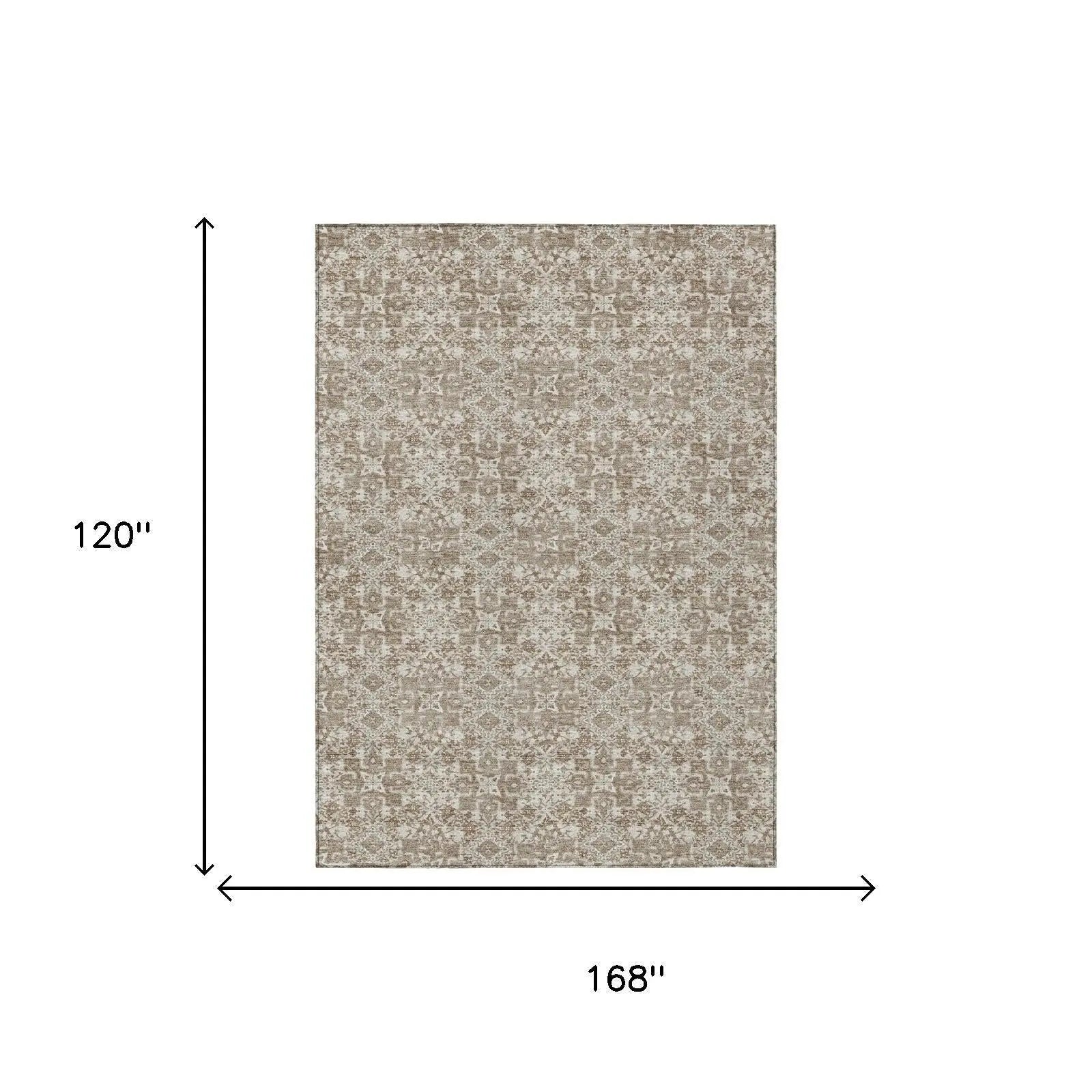 10' X 14' Beige And Brown Damask Washable Indoor Outdoor Area Rug Homeroots Outdoor