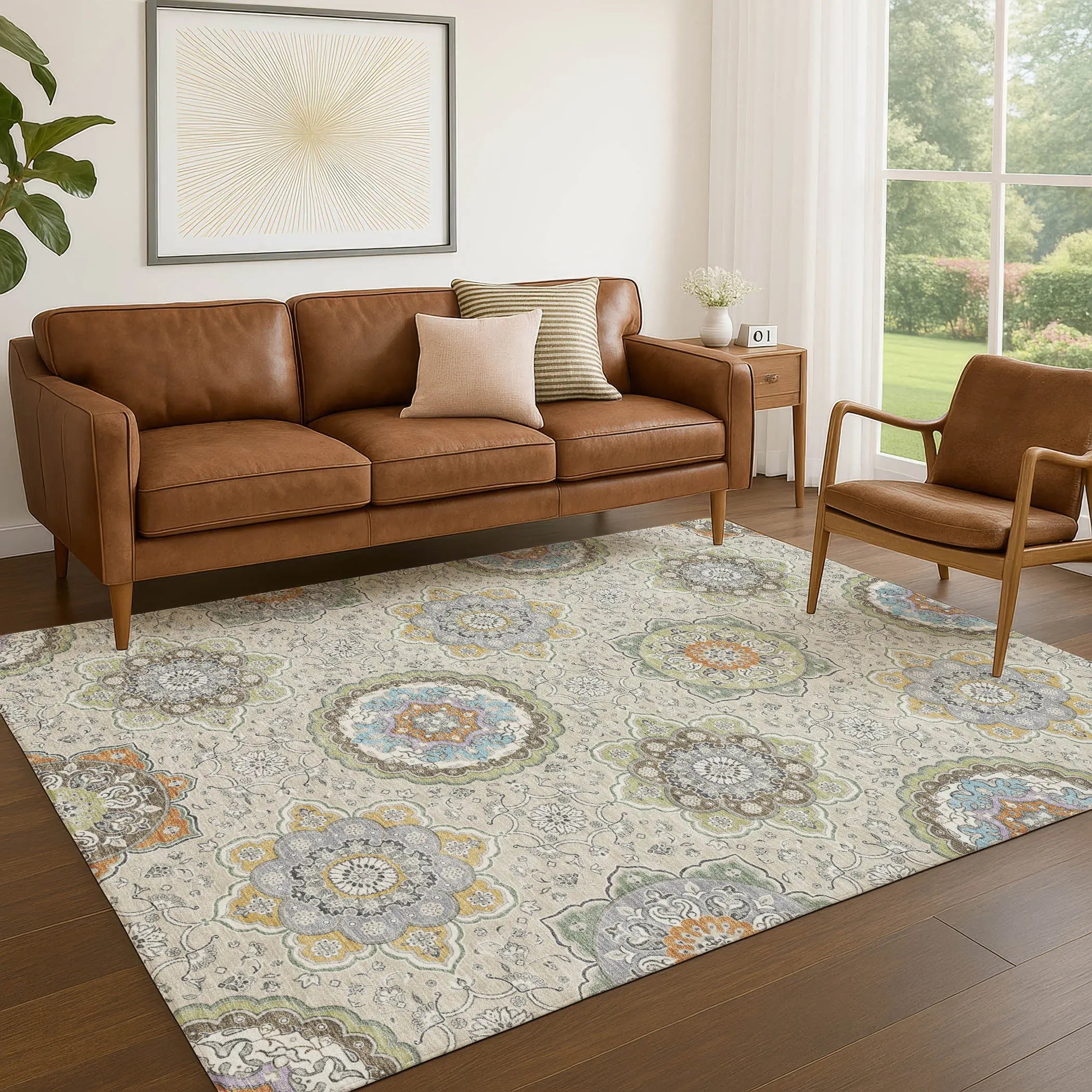 10' X 14' Beige And Brown Floral Medallion Washable Indoor Outdoor Area Rug Homeroots Outdoor