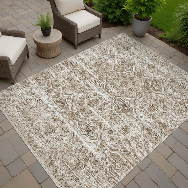 10' X 14' Beige And Brown Floral Washable Indoor Outdoor Area Rug Homeroots Outdoor