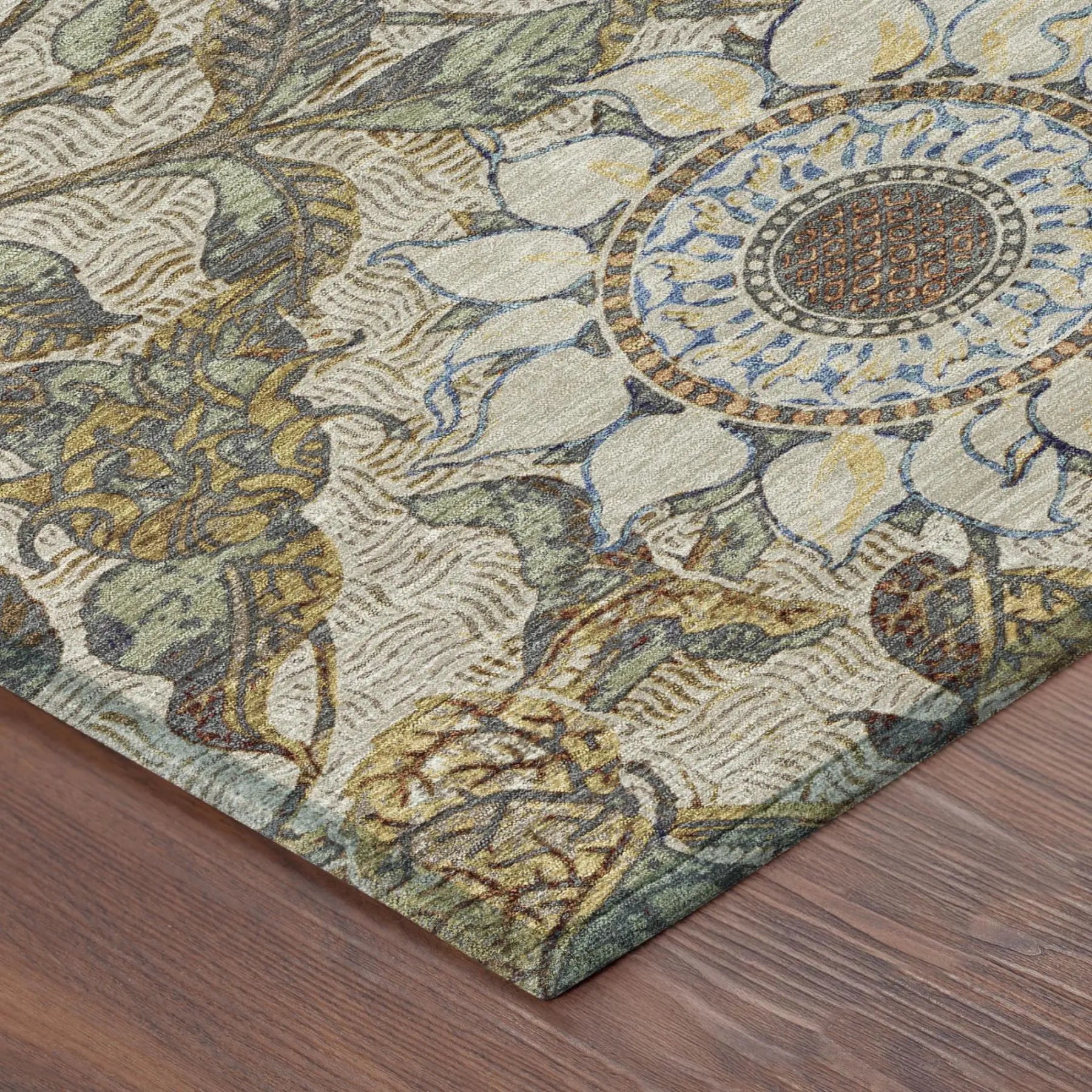Multicolored floral area rug with intricate sunflower and leaf patterns, crafted from durable, soft synthetic fibers.