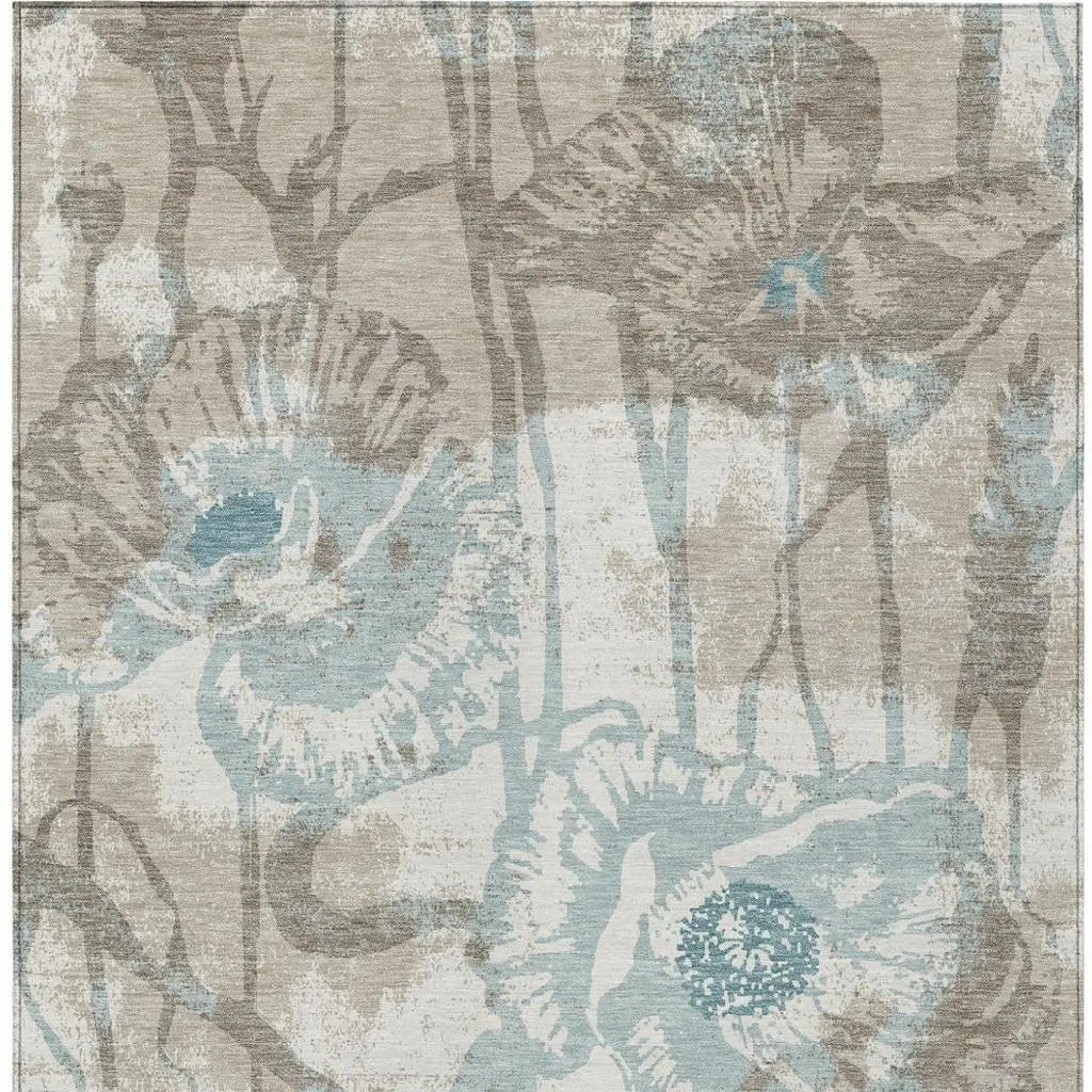 10' X 14' Beige And Brown Floral Washable Indoor Outdoor Area Rug Homeroots Outdoor