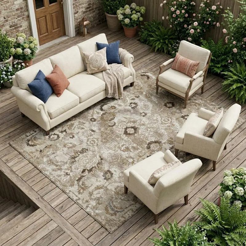 10' X 14' Beige And Brown Floral Washable Indoor Outdoor Area Rug Homeroots Outdoor