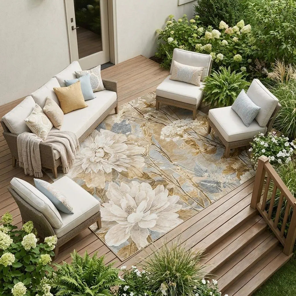 10' X 14' Beige And Brown Floral Washable Indoor Outdoor Area Rug Homeroots Outdoor