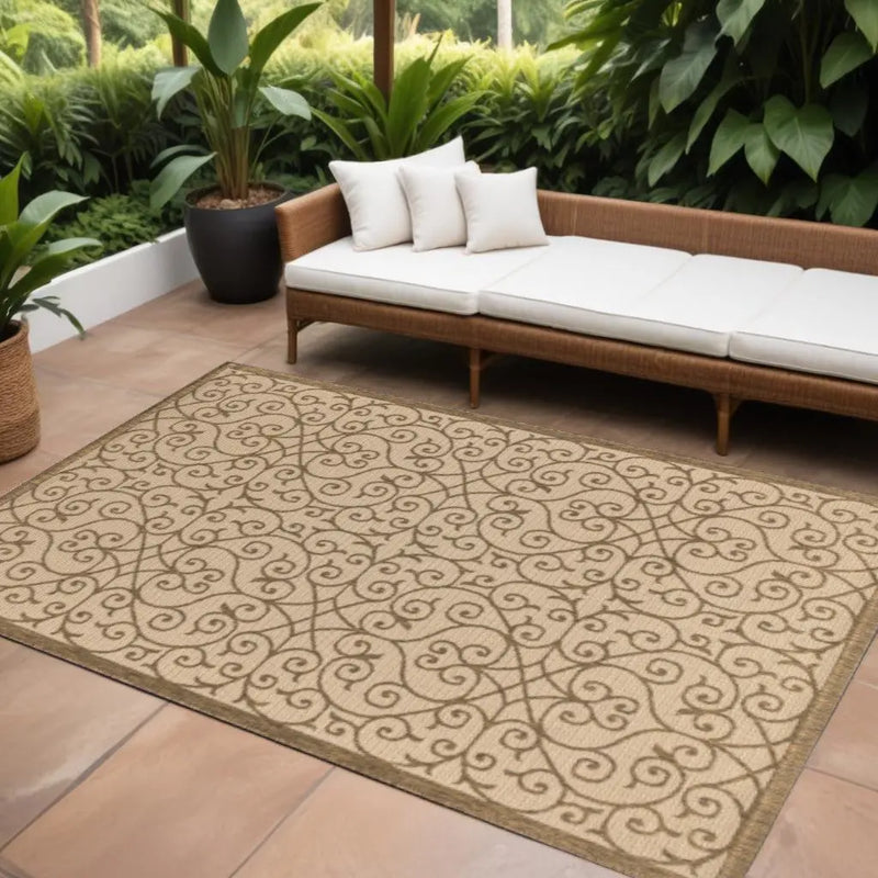 10' X 14' Beige And Brown Geometric Indoor Outdoor Area Rug Homeroots Outdoor
