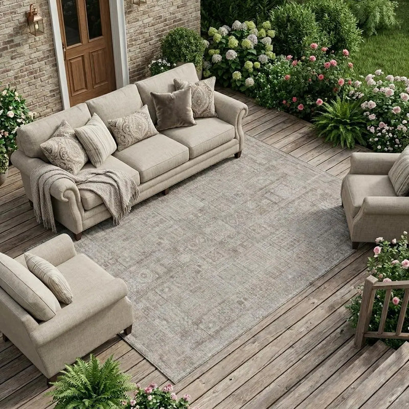 10' X 14' Beige And Brown Oriental Washable Indoor Outdoor Area Rug Homeroots Outdoor