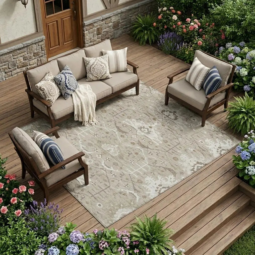 10' X 14' Beige And Brown Oriental Washable Indoor Outdoor Area Rug Homeroots Outdoor