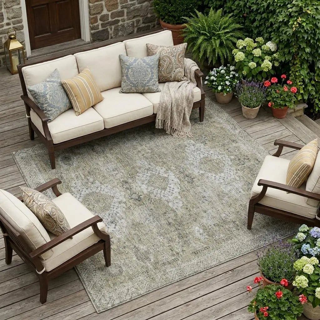 10' X 14' Beige And Brown Oriental Washable Indoor Outdoor Area Rug Homeroots Outdoor
